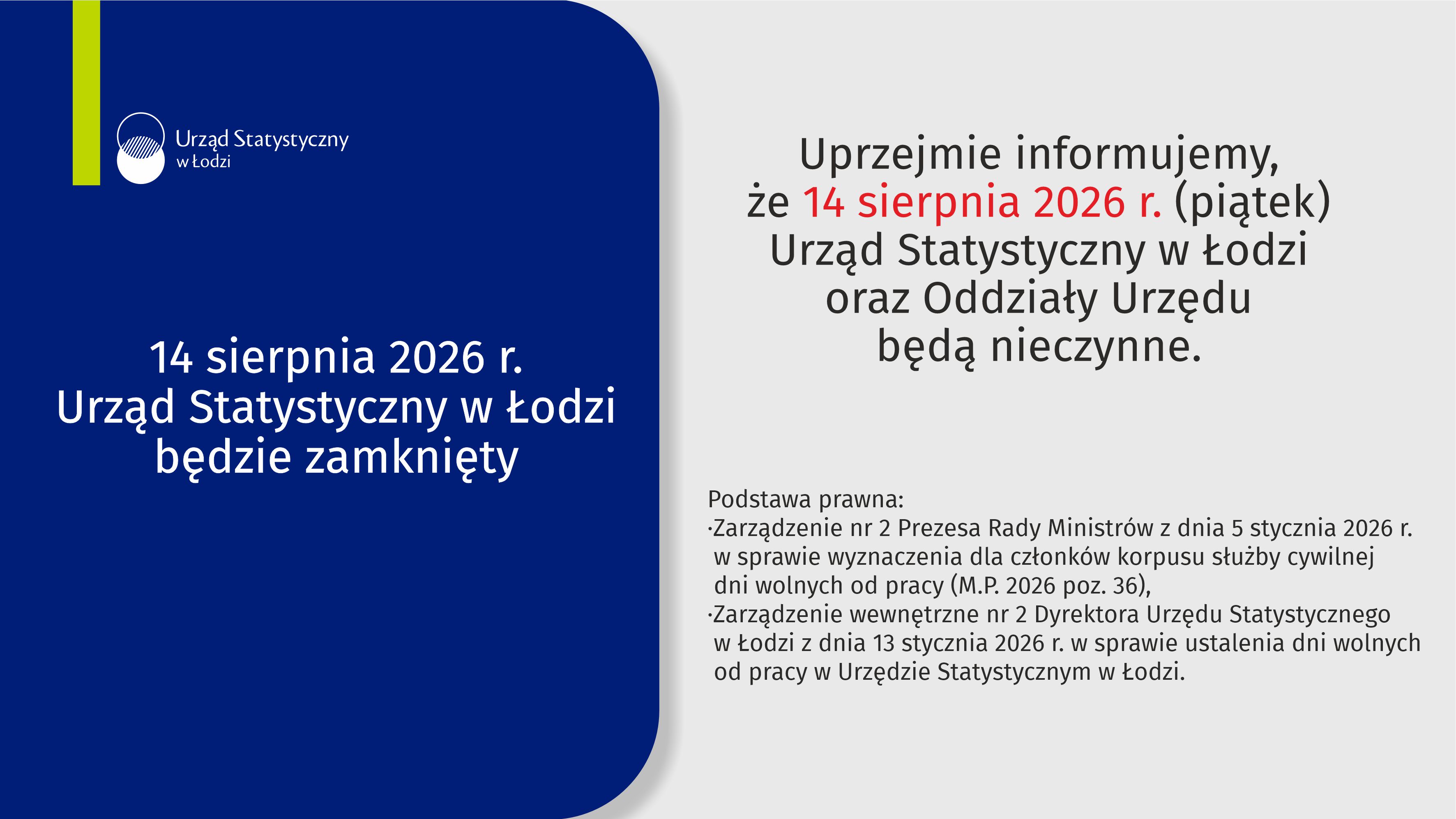14 sierpnia 2026 r. - Urząd Statystyczny w Łodzi będzie zamknięty