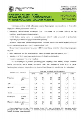 Wiosenna ocena stanu upraw rolnych i ogrodniczych w województwie łódzkim w 2015 r.