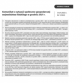 Komunikat o sytuacji społeczno-gospodarczej województwa łódzkiego (grudniu 2021 r.)